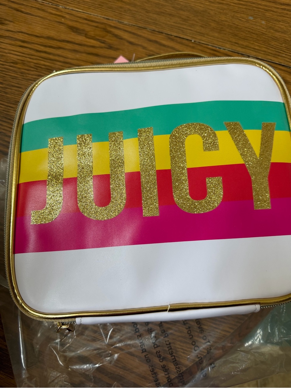 Juicy Couture White Cosmetic Case with Gold Glitter Logo and Bright Stripes